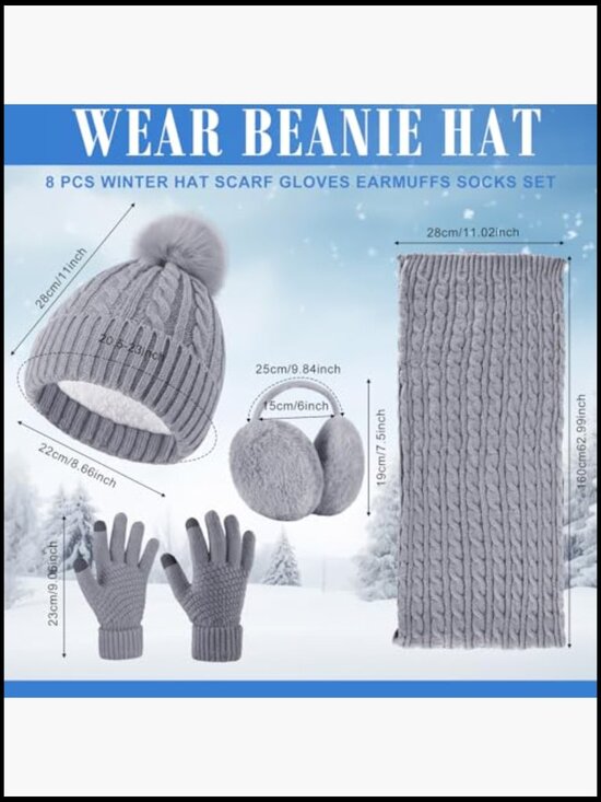 8-Piece Winter Hat Scarf Gloves Earmuff Set Knit Beanie Touch Screen Gloves main image 4
